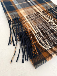 LONG NAVY BLUE WOOL BLEND CHECKED TARTAN SCARF