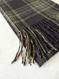 LONG BLACK WOOL BLEND CHECKED TARTAN SCARF