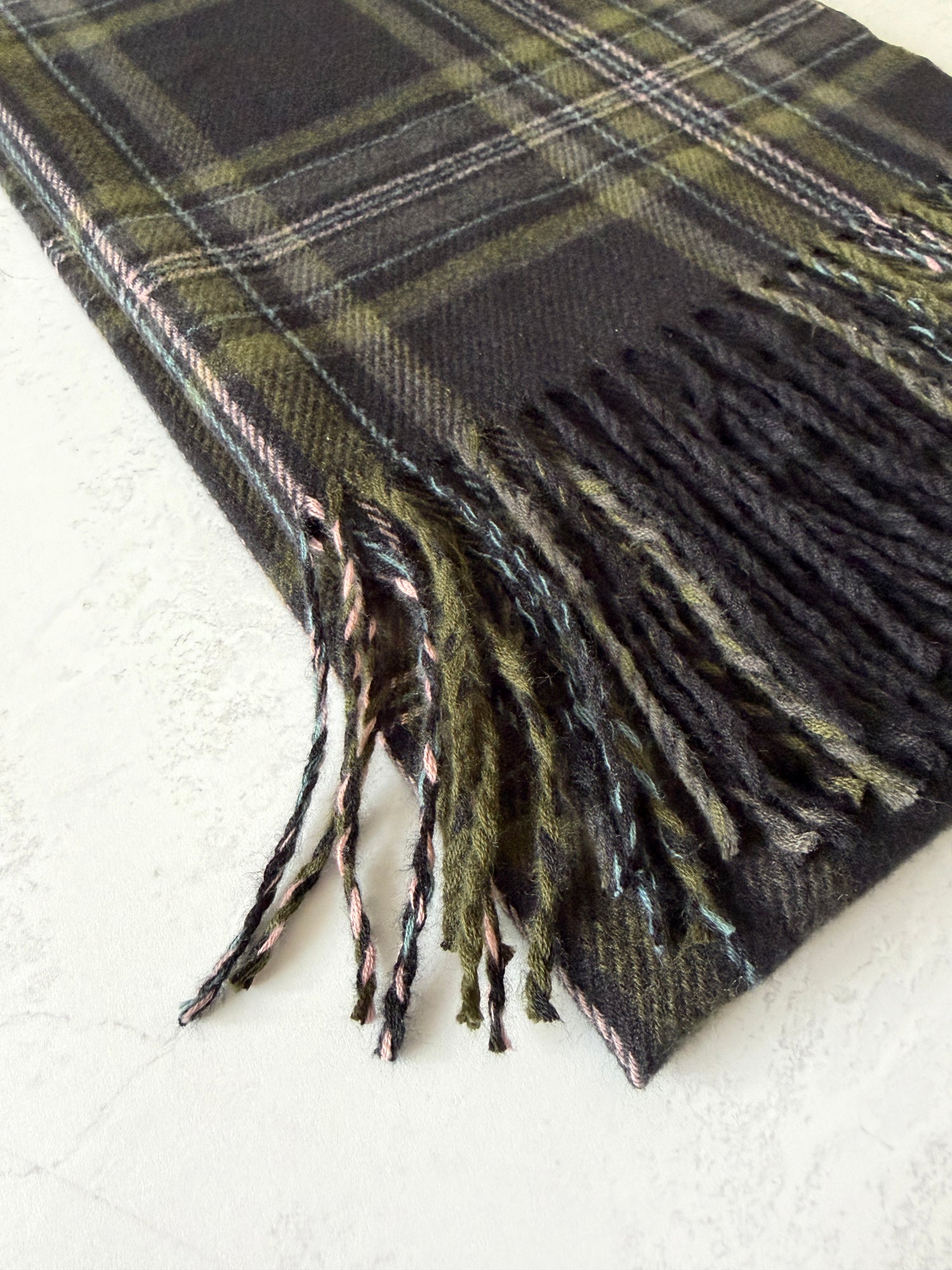 LONG BLACK WOOL BLEND CHECKED TARTAN SCARF