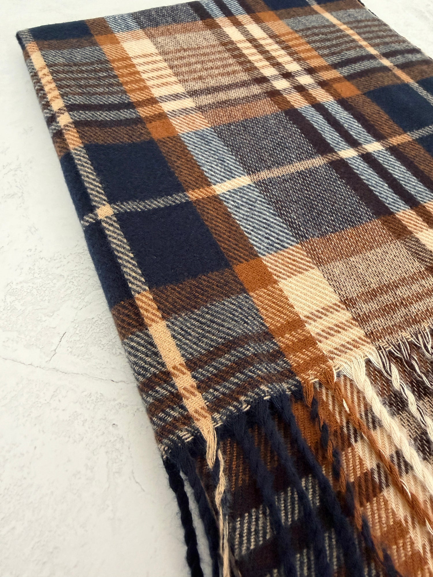 LONG NAVY BLUE WOOL BLEND CHECKED TARTAN SCARF