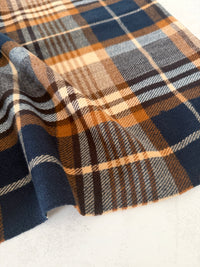 LONG NAVY BLUE WOOL BLEND CHECKED TARTAN SCARF