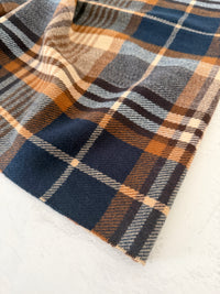 LONG NAVY BLUE WOOL BLEND CHECKED TARTAN SCARF