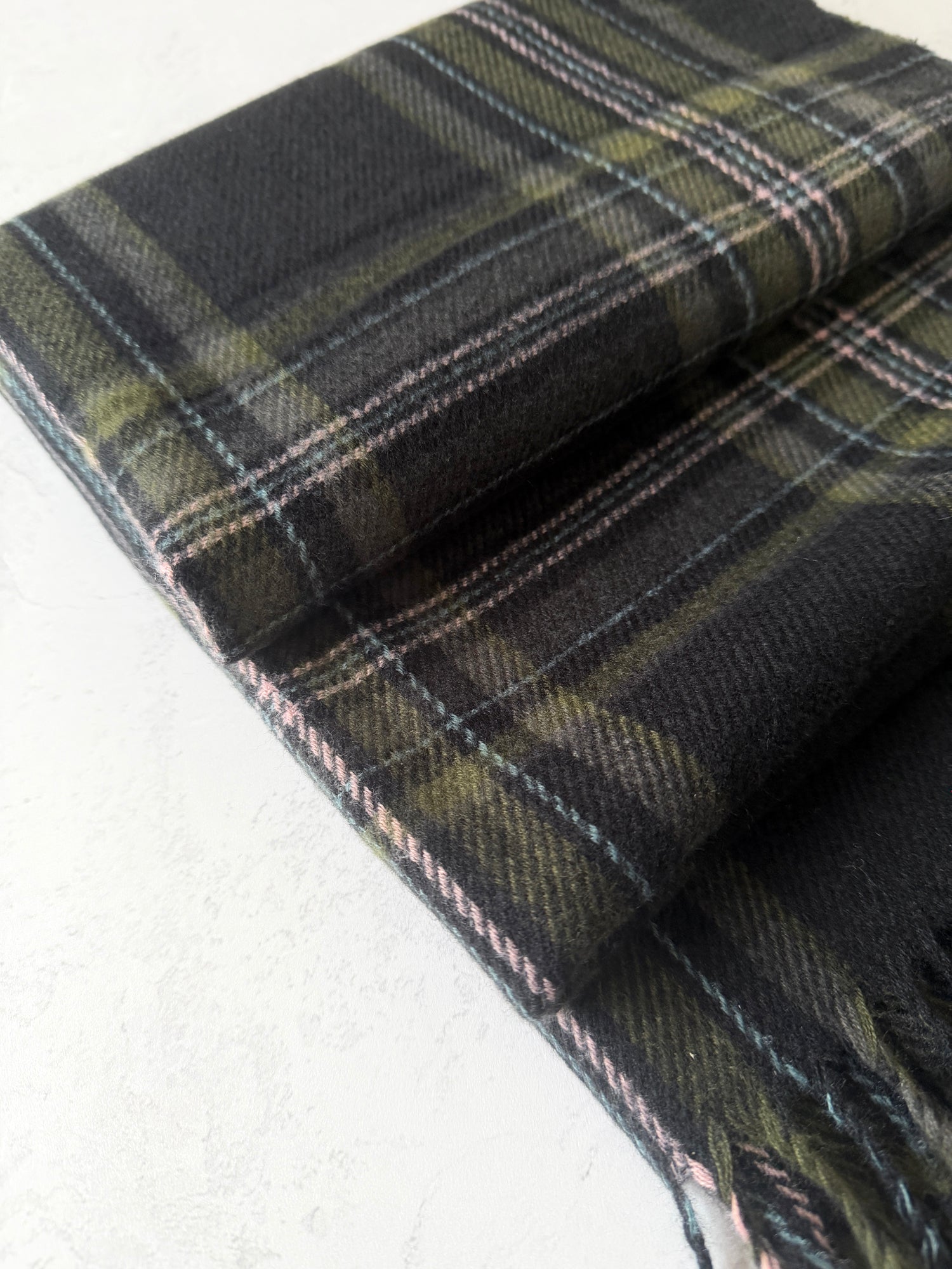 LONG BLACK WOOL BLEND CHECKED TARTAN SCARF