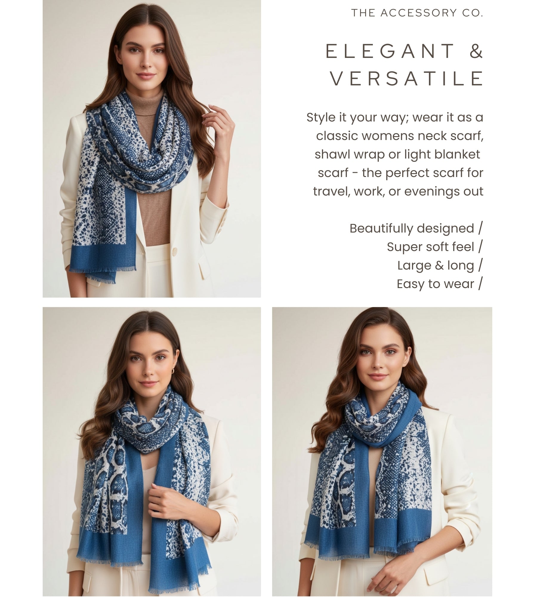 LONG BLUE SNAKESKIN PRINT LIGHTWEIGHT SCARF