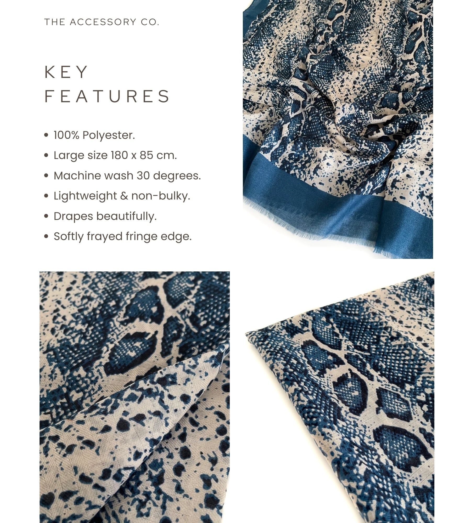 LONG BLUE SNAKESKIN PRINT LIGHTWEIGHT SCARF