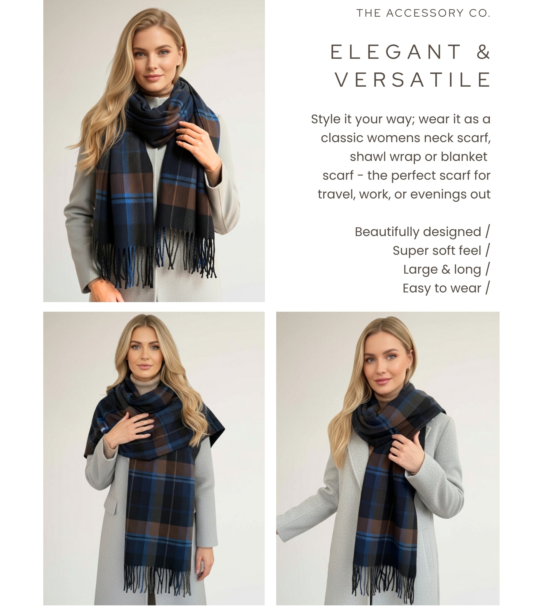 LONG BLUE WOOL BLEND CHECKED TARTAN SCARF