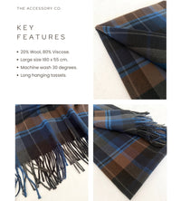 LONG BLUE WOOL BLEND CHECKED TARTAN SCARF