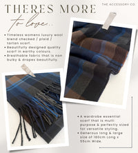 LONG BLUE WOOL BLEND CHECKED TARTAN SCARF