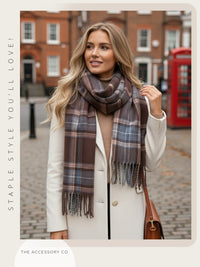LONG BROWN CASHMERE BLEND CHECKED TARTAN SCARF