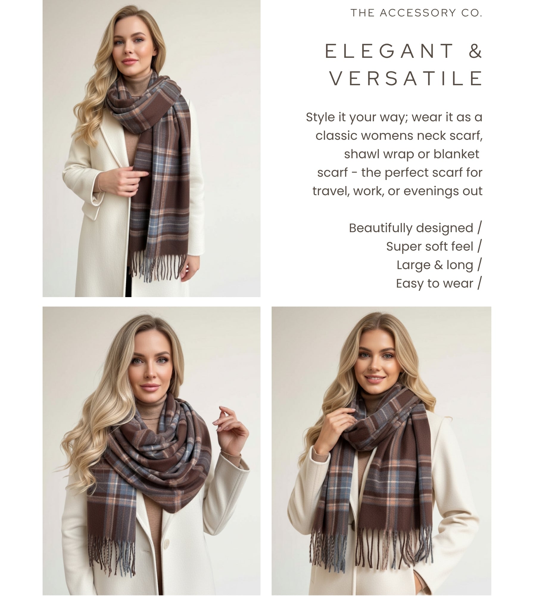 LONG BROWN CASHMERE BLEND CHECKED TARTAN SCARF