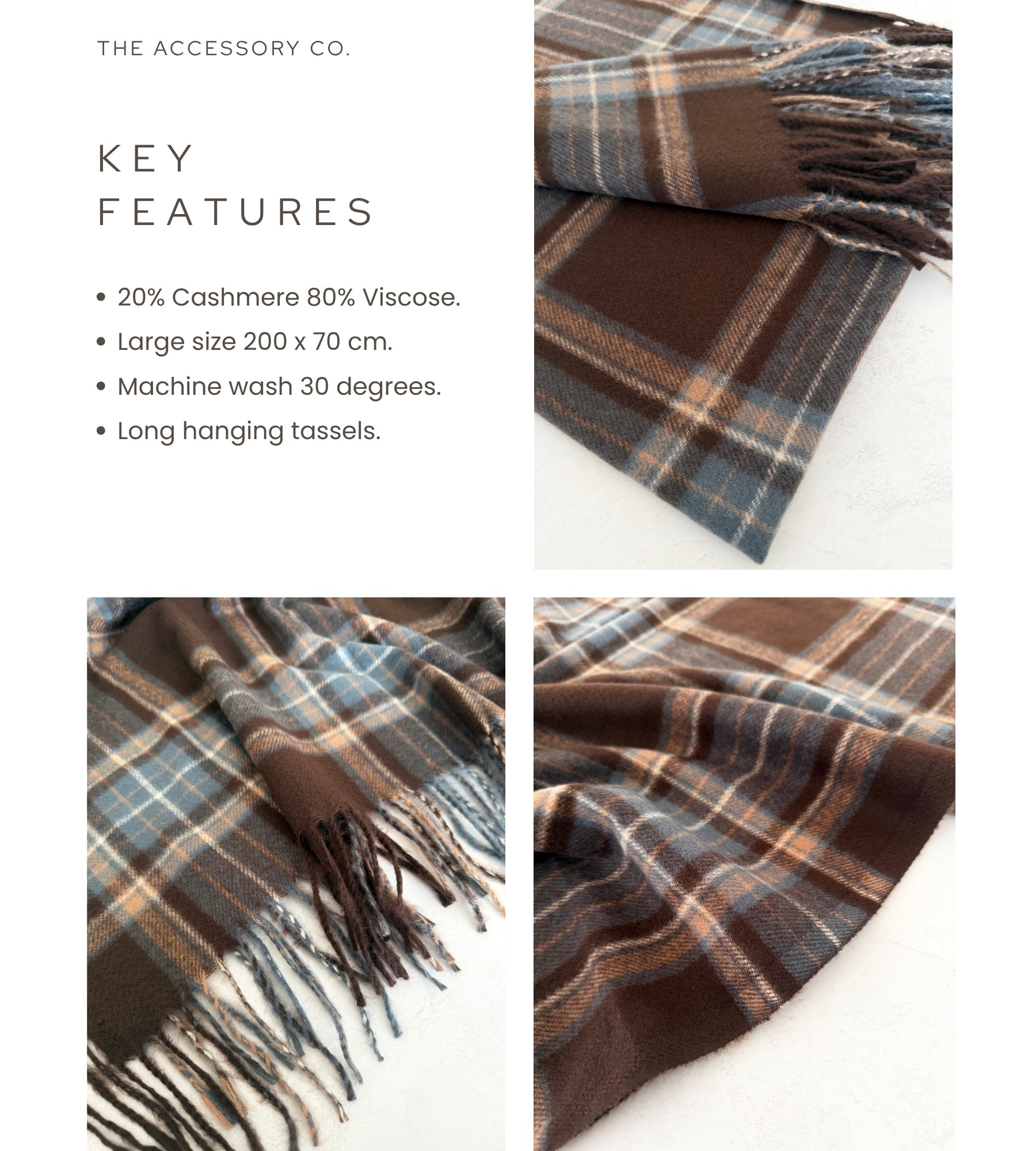 LONG BROWN CASHMERE BLEND CHECKED TARTAN SCARF