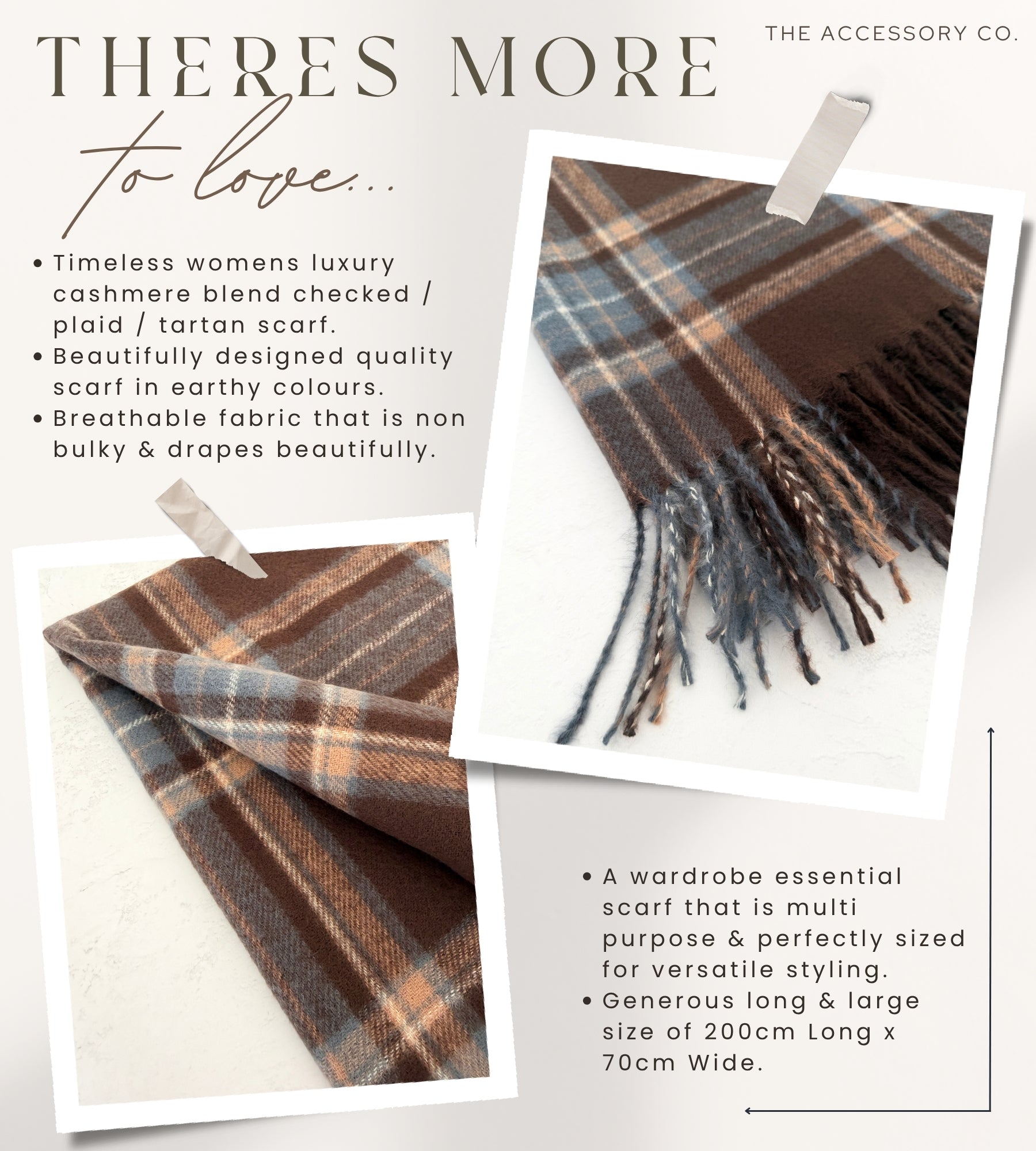 LONG BROWN CASHMERE BLEND CHECKED TARTAN SCARF