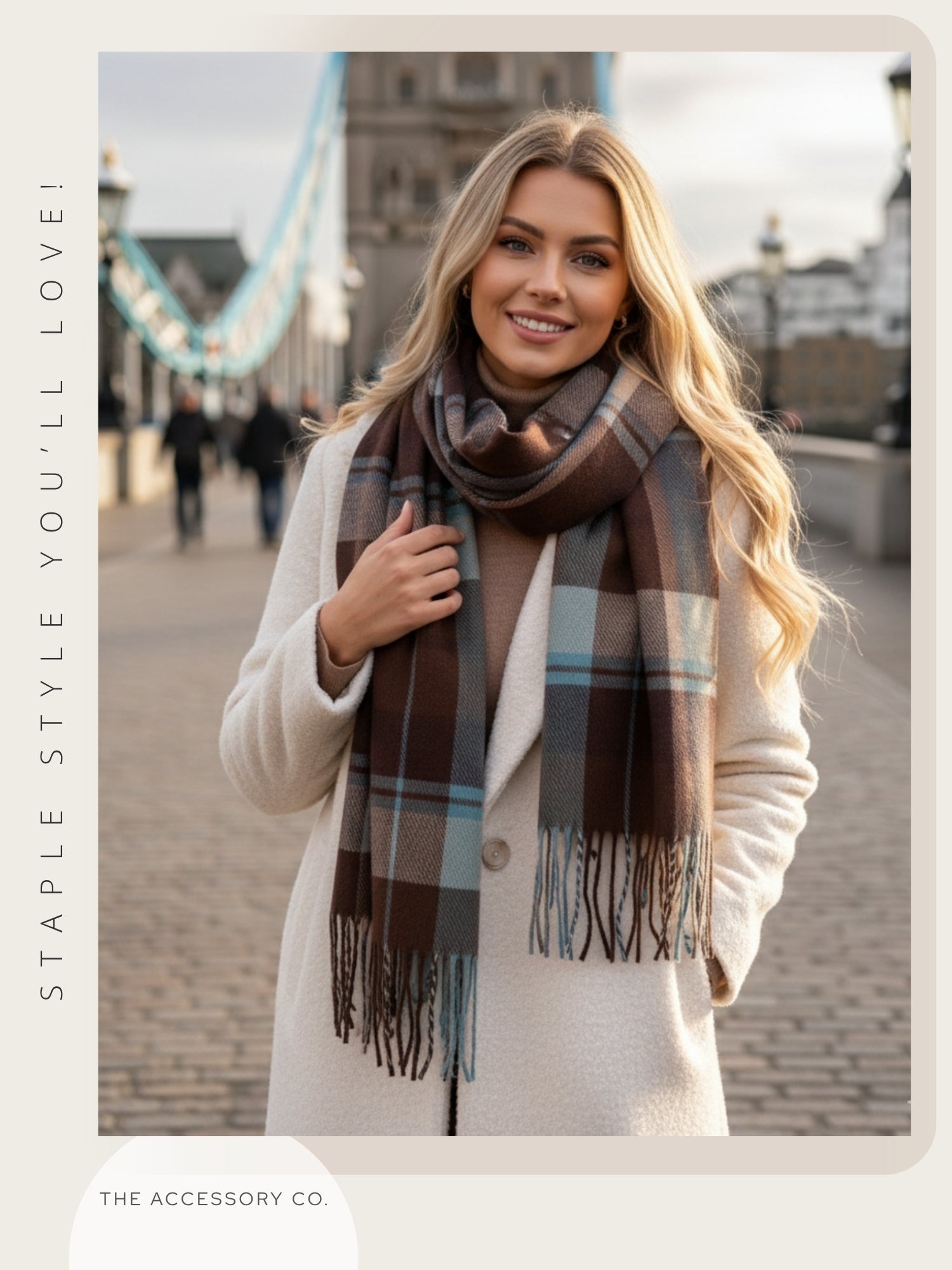 LONG BROWN WOOL BLEND CHECKED TARTAN SCARF