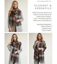 LONG BROWN WOOL BLEND CHECKED TARTAN SCARF