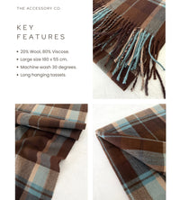 LONG BROWN WOOL BLEND CHECKED TARTAN SCARF