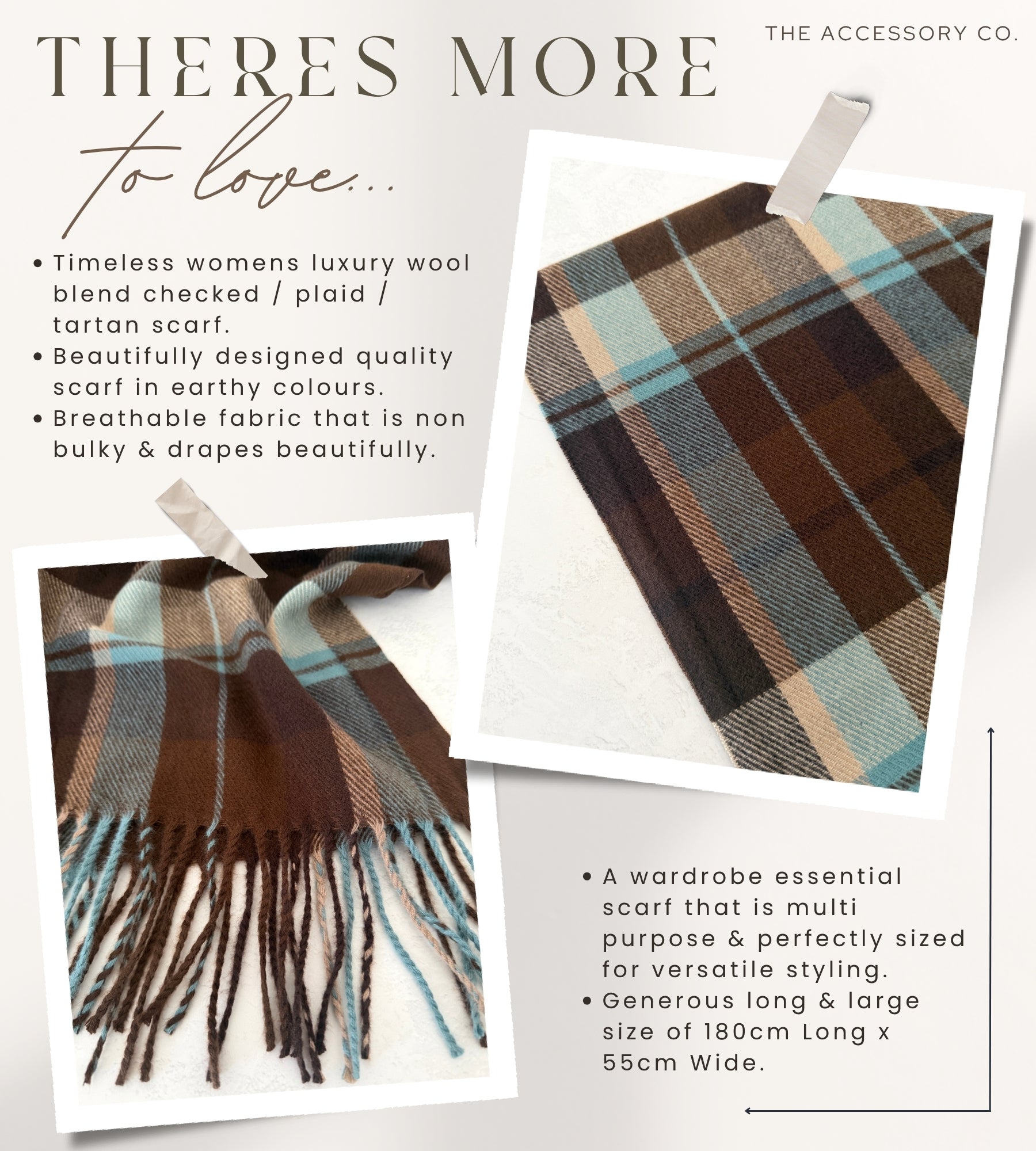 LONG BROWN WOOL BLEND CHECKED TARTAN SCARF