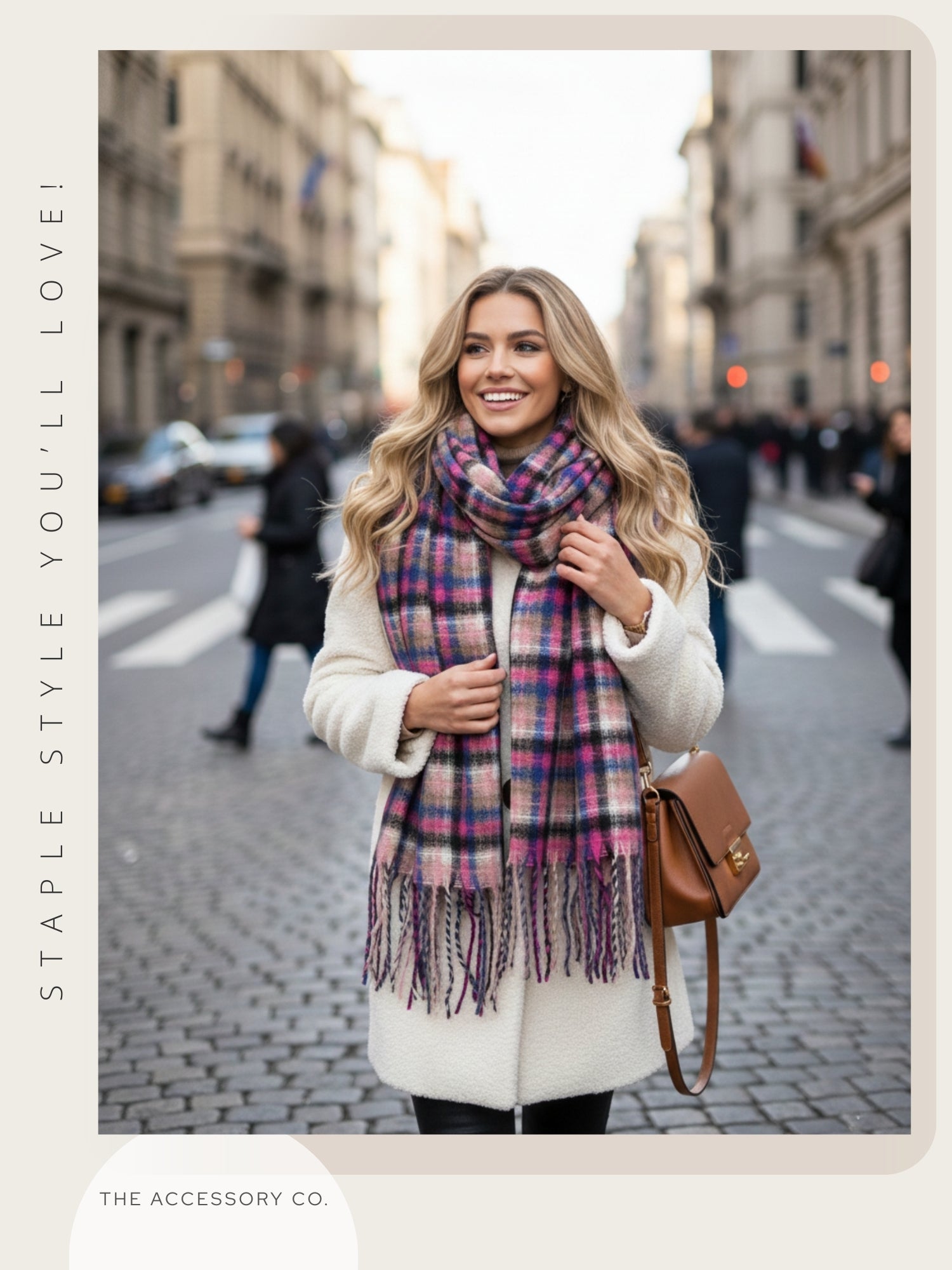 LONG FUCHSIA PINK WOOL BLEND CHECKED TARTAN SCARF