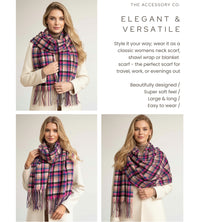 LONG FUCHSIA PINK WOOL BLEND CHECKED TARTAN SCARF