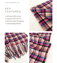 LONG FUCHSIA PINK WOOL BLEND CHECKED TARTAN SCARF