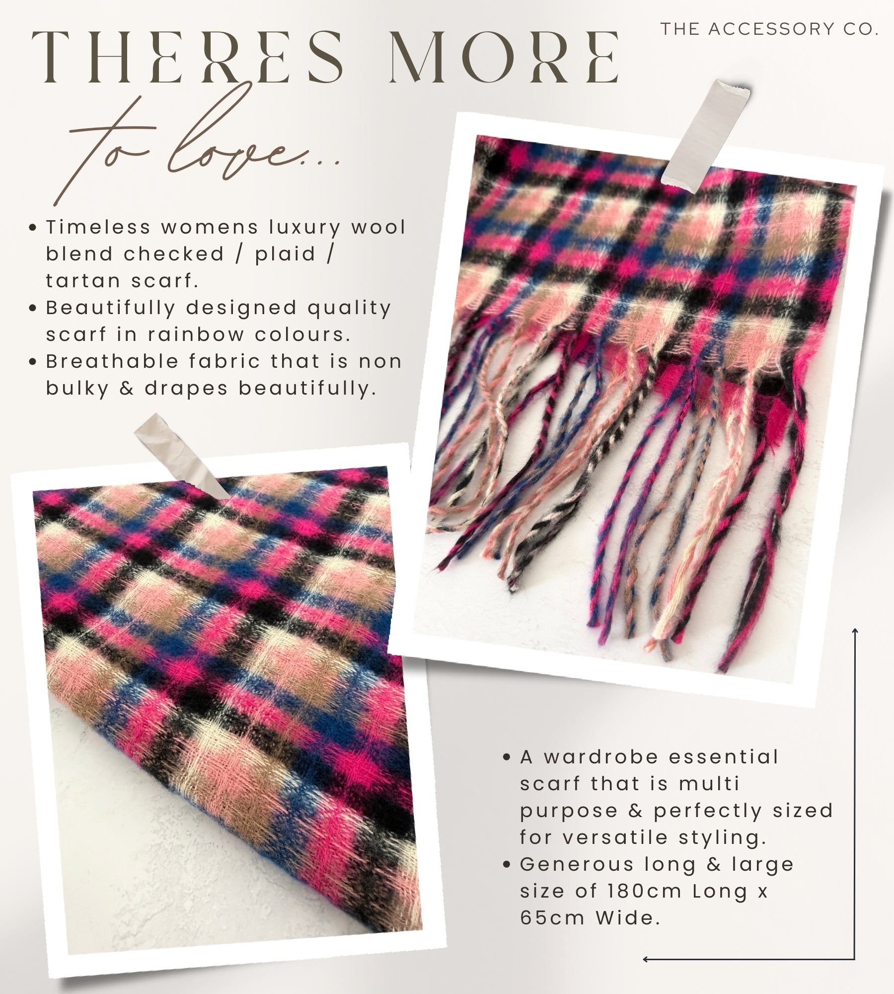 LONG FUCHSIA PINK WOOL BLEND CHECKED TARTAN SCARF
