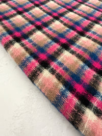 LONG FUCHSIA PINK WOOL BLEND CHECKED TARTAN SCARF