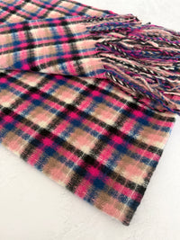LONG FUCHSIA PINK WOOL BLEND CHECKED TARTAN SCARF