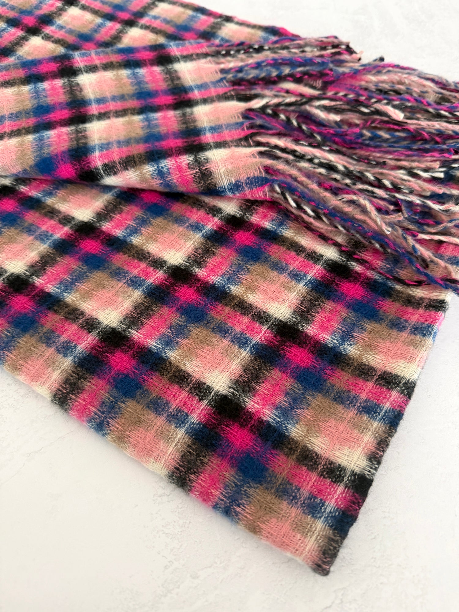 LONG FUCHSIA PINK WOOL BLEND CHECKED TARTAN SCARF