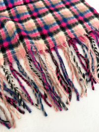 LONG FUCHSIA PINK WOOL BLEND CHECKED TARTAN SCARF