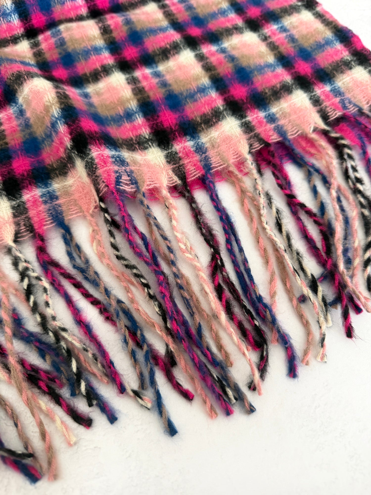 LONG FUCHSIA PINK WOOL BLEND CHECKED TARTAN SCARF