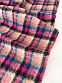 LONG FUCHSIA PINK WOOL BLEND CHECKED TARTAN SCARF