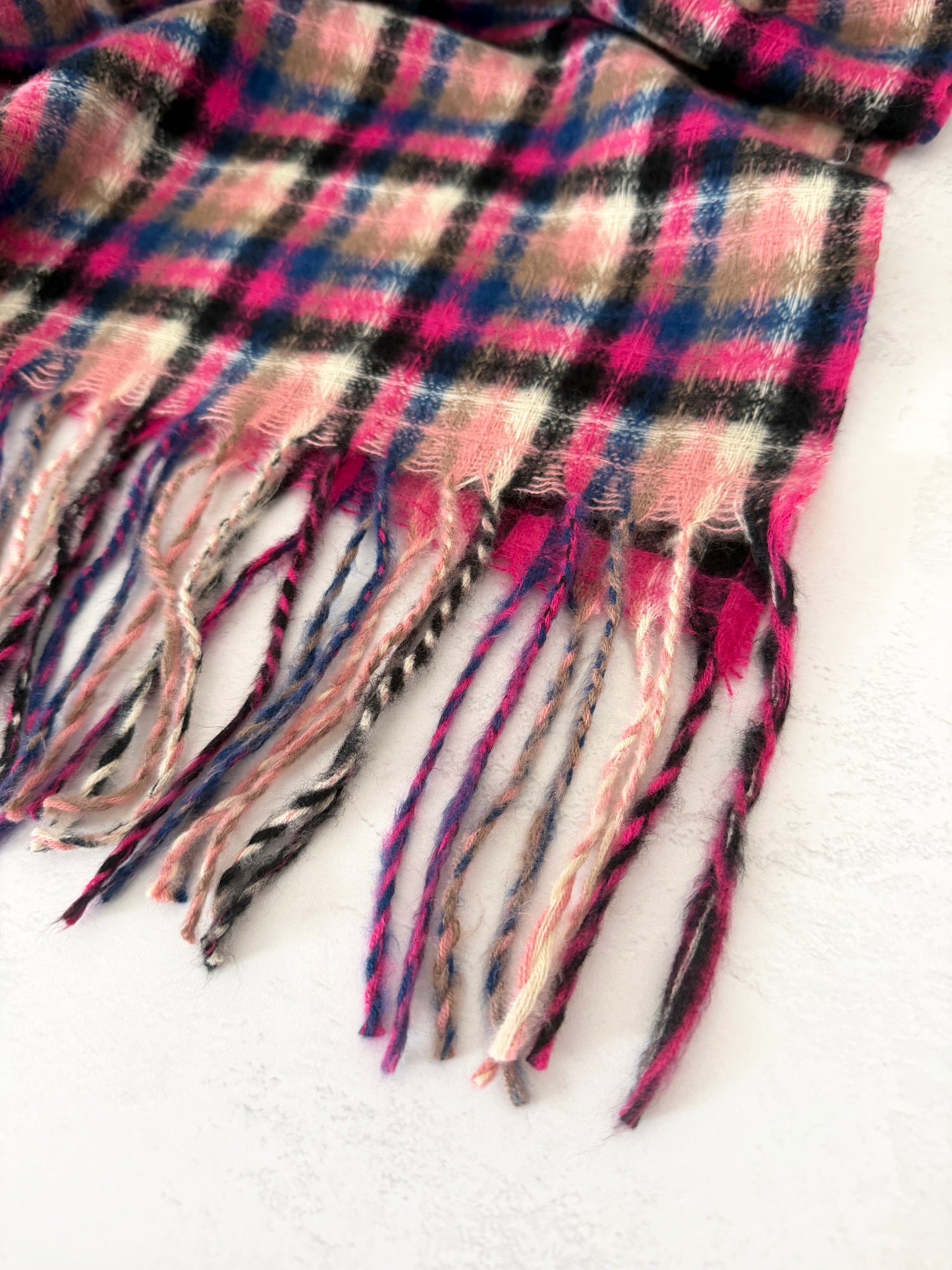 LONG FUCHSIA PINK WOOL BLEND CHECKED TARTAN SCARF