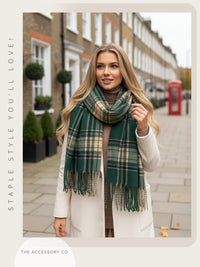 LONG GREEN CASHMERE BLEND CHECKED TARTAN SCARF
