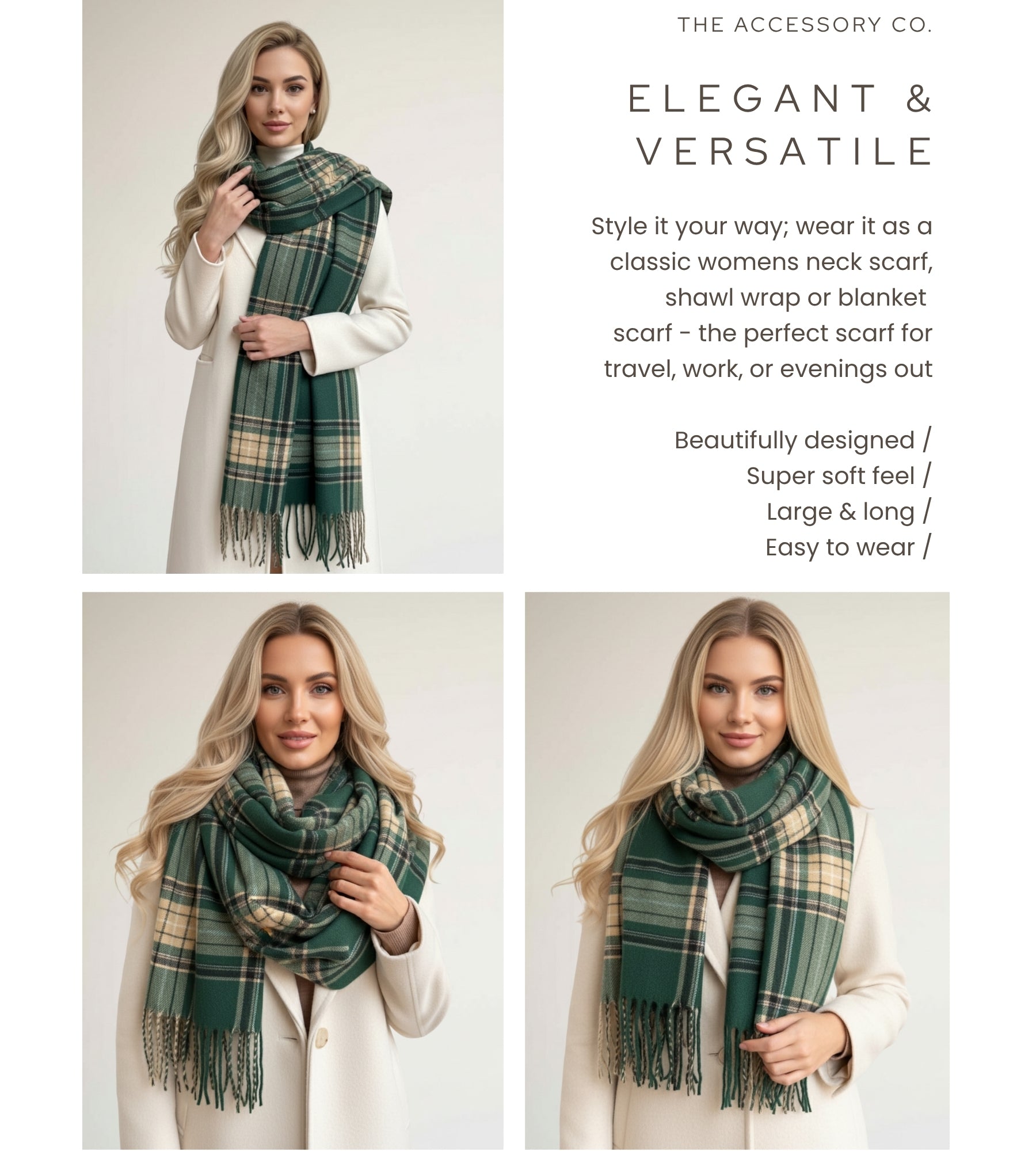 LONG GREEN CASHMERE BLEND CHECKED TARTAN SCARF
