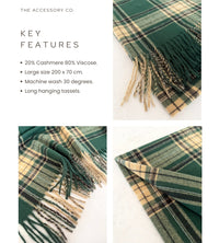 LONG GREEN CASHMERE BLEND CHECKED TARTAN SCARF