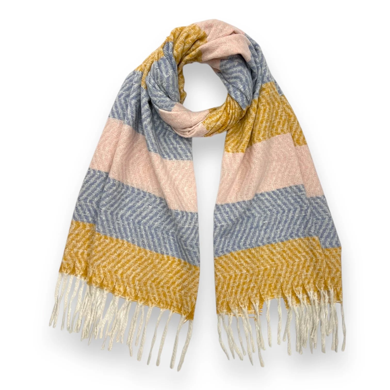 LONG PINK MUSTARD WOOL BLEND STRIPED SCARF