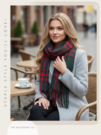 LONG RED WOOL BLEND CHECKED TARTAN SCARF