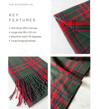 LONG RED WOOL BLEND CHECKED TARTAN SCARF