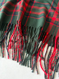 LONG RED WOOL BLEND CHECKED TARTAN SCARF
