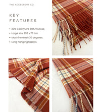 LONG RUST CASHMERE BLEND CHECKED TARTAN SCARF