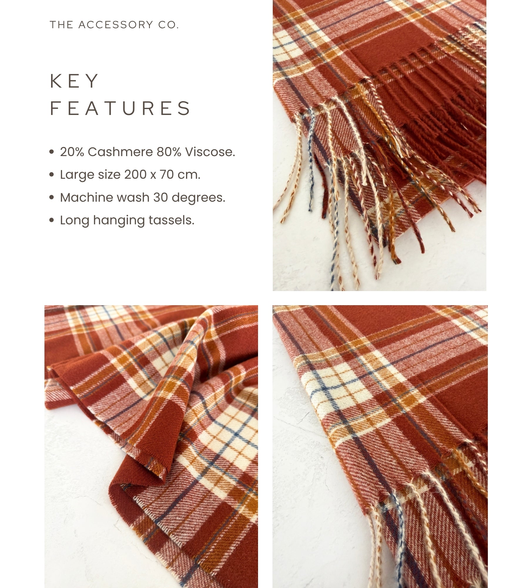 LONG RUST CASHMERE BLEND CHECKED TARTAN SCARF