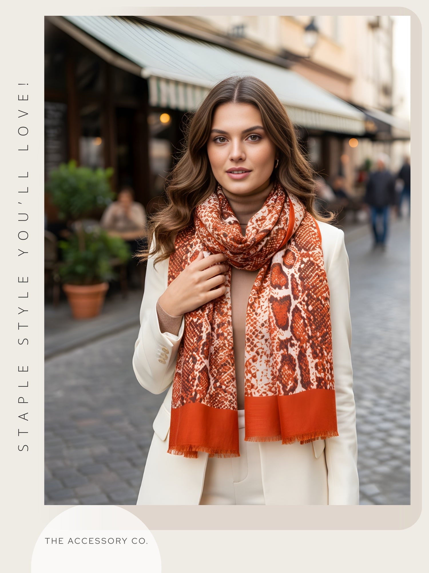 LONG RUST ORANGE SNAKESKIN PRINT LIGHTWEIGHT SCARF