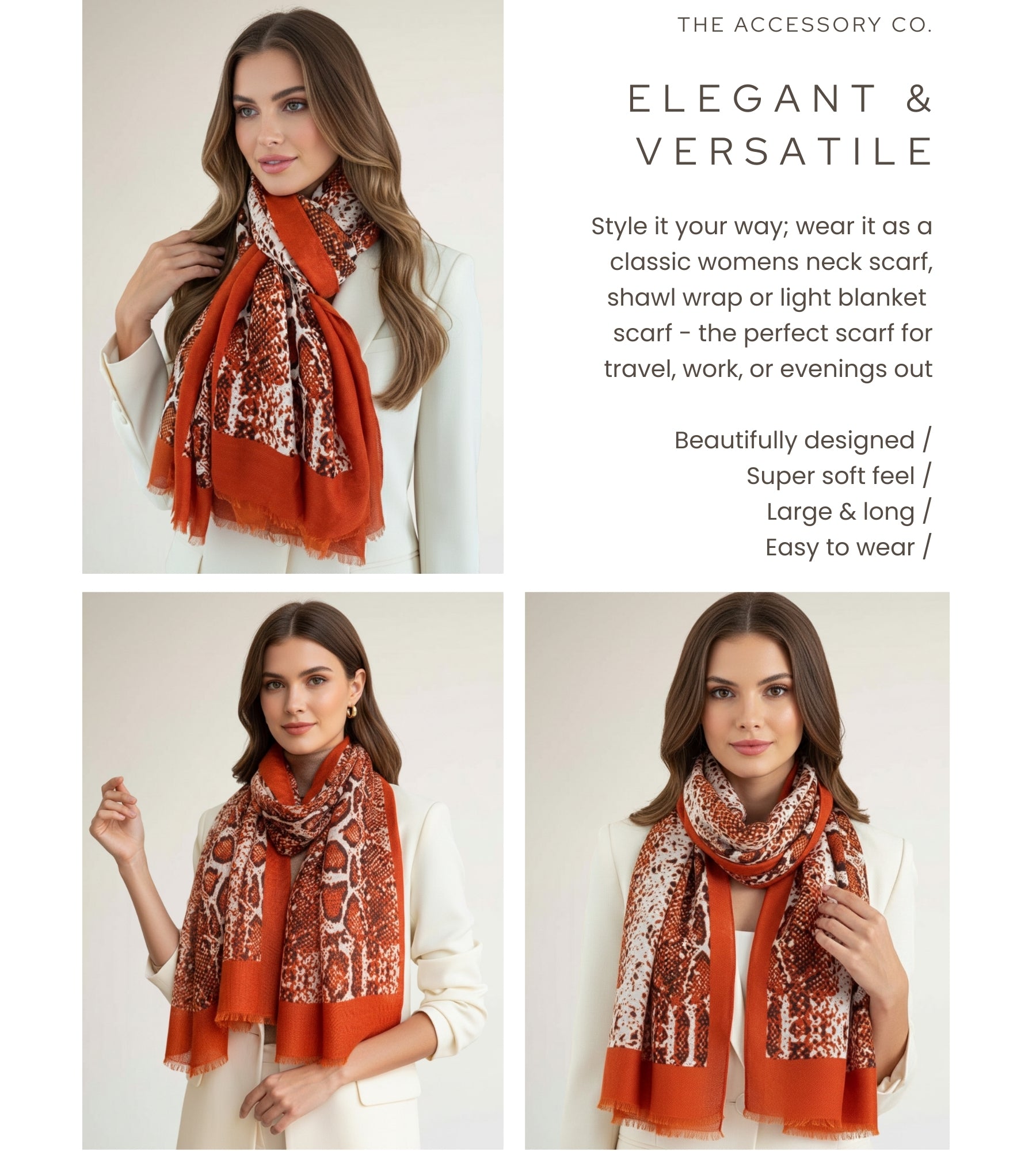 LONG RUST ORANGE SNAKESKIN PRINT LIGHTWEIGHT SCARF
