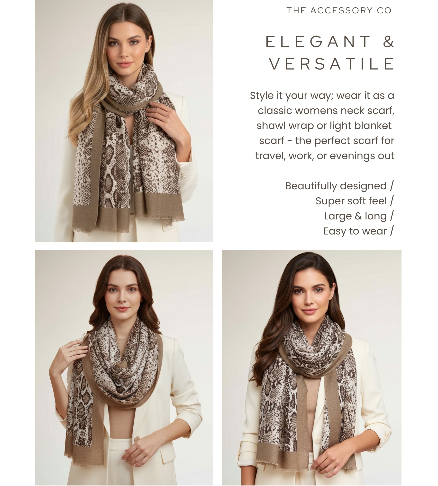 LONG TAUPE SNAKESKIN PRINT LIGHTWEIGHT SCARF