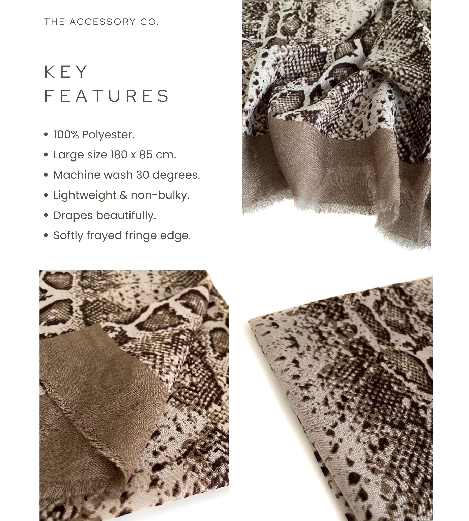 LONG TAUPE SNAKESKIN PRINT LIGHTWEIGHT SCARF