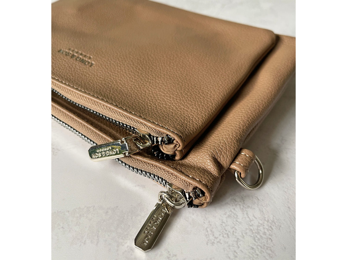 MULTI-POCKET CROSS BODY MESSENGER PURSE BAG WITH WRISTLET STRAP - TAUPE