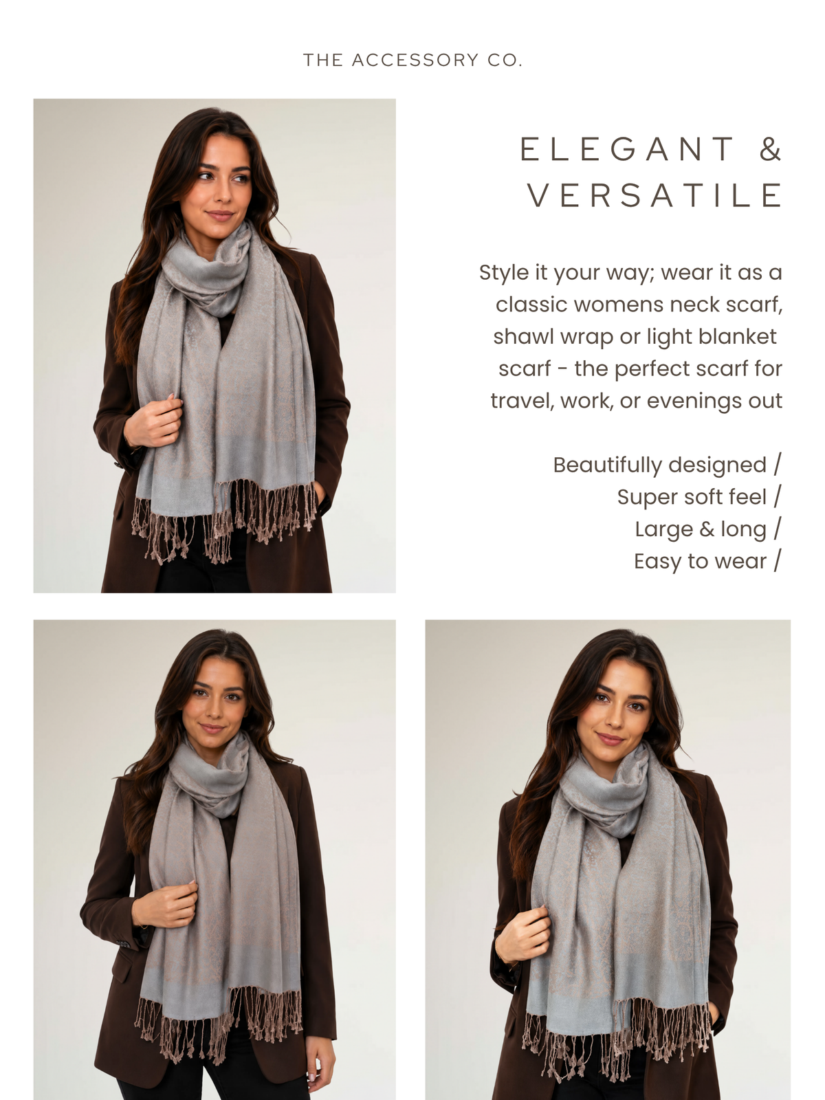 MOCHA GREY PAISLEY PRINT REVERSIBLE PASHMINA SHAWL SCARF - A-SHU.CO.UK