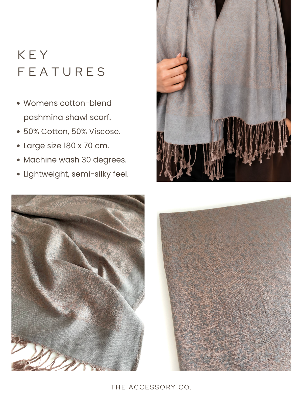 MOCHA GREY PAISLEY PRINT REVERSIBLE PASHMINA SHAWL SCARF - A-SHU.CO.UK