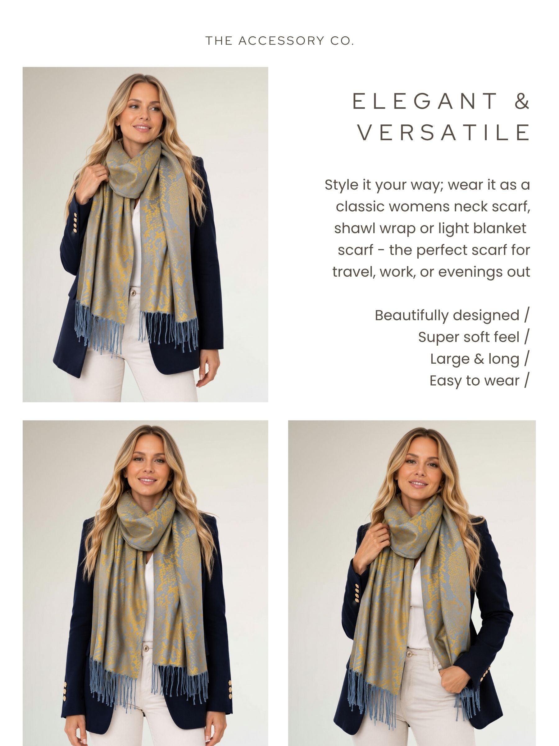 MUSTARD YELLOW LARGE SNAKESKIN PRINT REVERSIBLE PASHMINA SHAWL SCARF