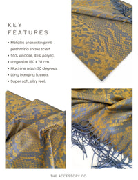 MUSTARD YELLOW LARGE SNAKESKIN PRINT REVERSIBLE PASHMINA SHAWL SCARF