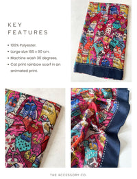 NAVY BLUE ANIMATED LIGHTWEIGHT RAINBOW CAT SCARF - A-SHU.CO.UK